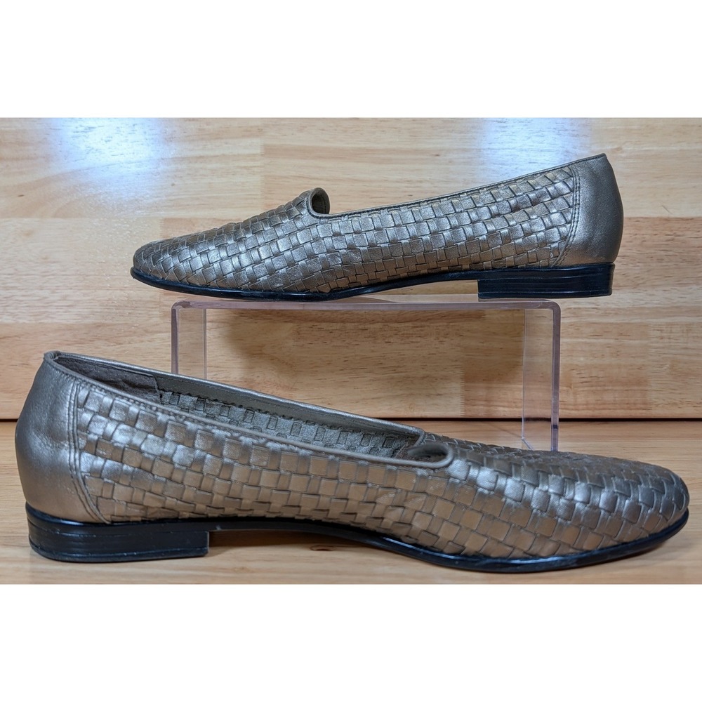 Trotters Jennifer Woven Leather Loafers Metallic Pewter Bronze 12M Brazil